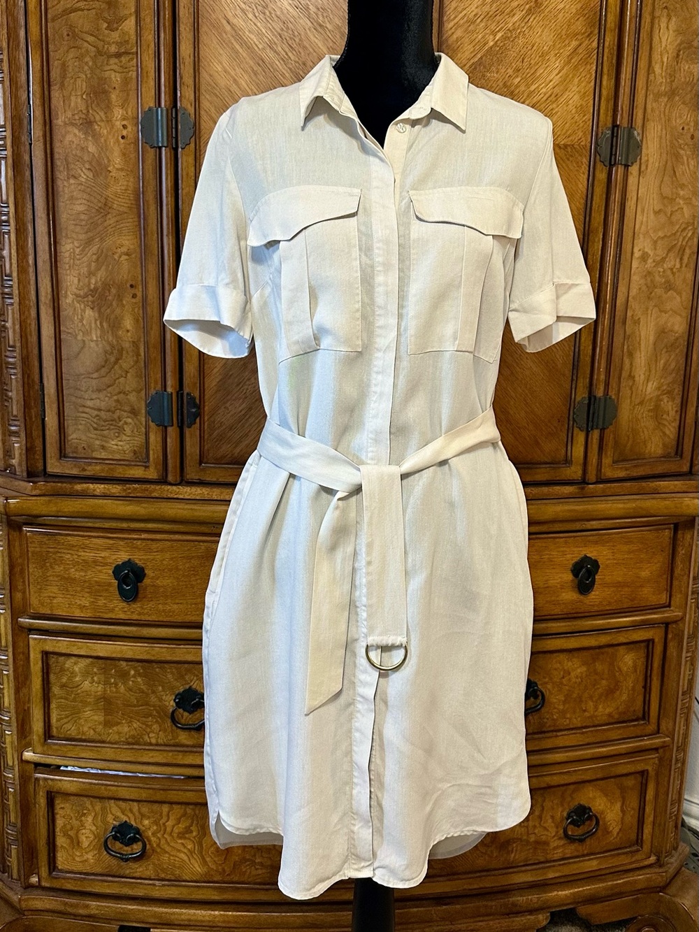 H&M Tan Lyocell Linen Belted Shirt Dress Safari Utility Size 8 - Picture 2 of 11